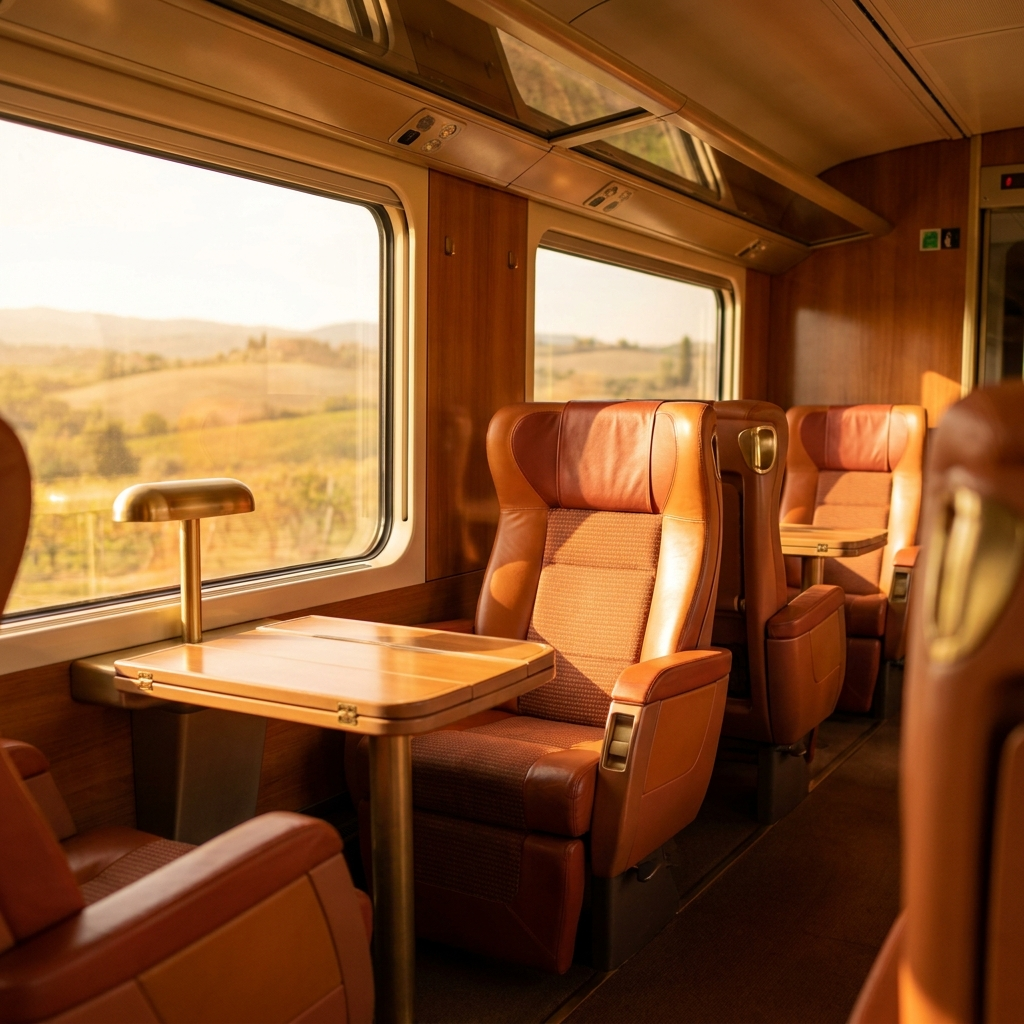 Business Class leather seating with a table