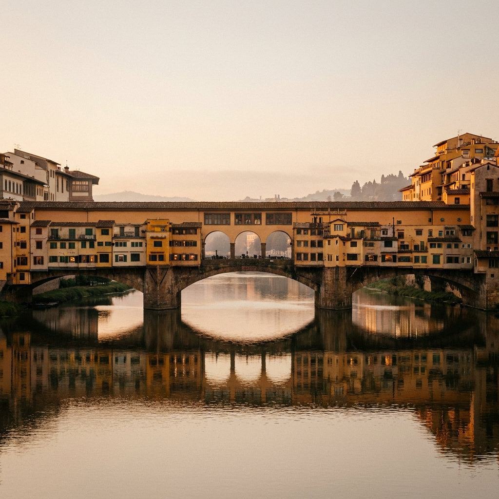 Ponte Vecchio reflected in the Arno at sunset
