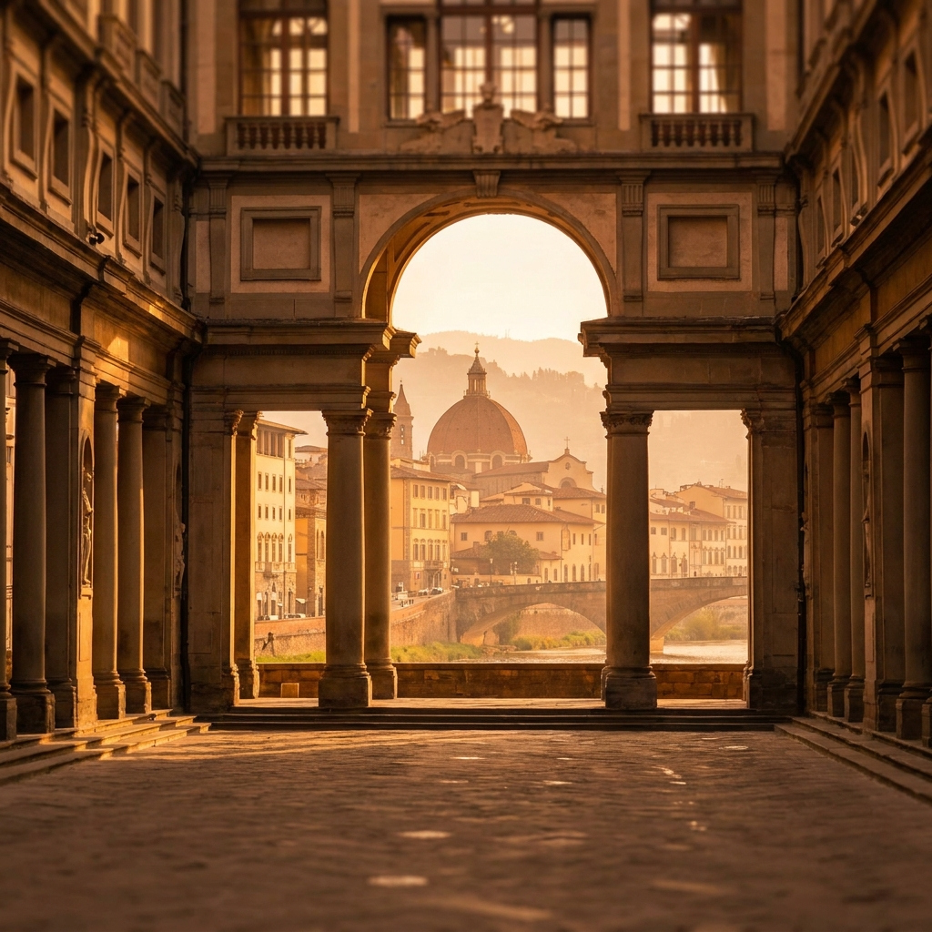 View through the Uffizi Gallery loggia toward the Arno