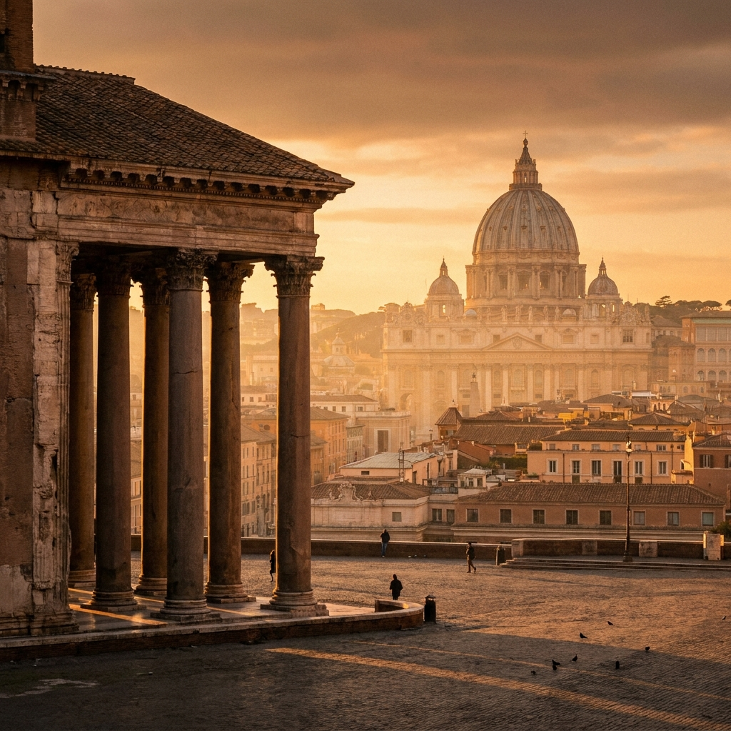 The Pantheon with St. Peter's Basilica in the distance at sunset